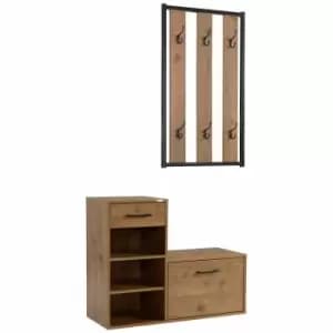HOMCOM 6 Hook Coat Rack With Shoe Bench Set Black And Natural