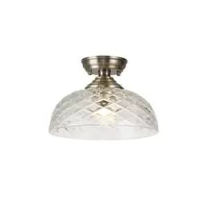 Dresden Flush Ceiling Lamp E27 With Flat Round 30cm Patterned Glass Shade Antique Brass, Clear