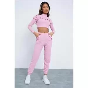 I Saw It First Blush Pink Frill Long Sleeve Roll Neck Textured Sweat Jogger Set - Pink