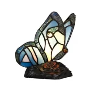 Luminosa Lighting - Tiffany Butterfly Table Lamp, 1 x E14, Black Base With Blue, Pink Glass With Clear Crystal