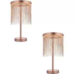 2 PACK Brushed Copper Table Lamp & Waterfall Chain Shade - Integrated LED Module