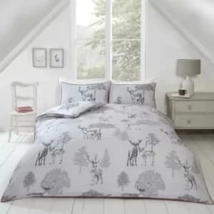 Sherwood Woodland Deer Grey Double Reversible Duvet Cover Sets Piped Edge Bedding Set