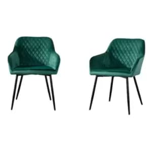 Set of 2 Green Velvet Dining Chairs Upholstered Seat Armrest with Metal Legs - green