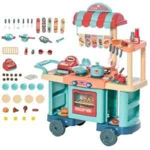HOMCOM 50 Pcs Kids Fast Food Shop Cart Pretend Playset Kitchen Supermarket Toys Trolley Set with Play Food Money Cash Register Accessories Gift