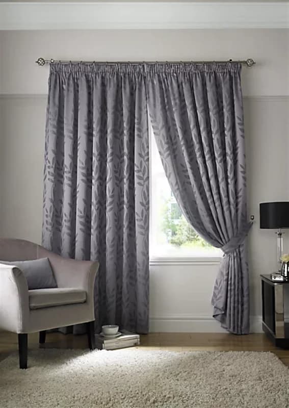 ALAN SYMONDS Tivoli, Silver Lined Curtains, Trailing Leave Floral Jacquard Design, Ready Made Pencil Pleat Curtain Pairs, 66' x 72' 12401034