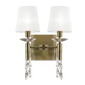 Tiffany Wall Lamp Switched 2+2 Light E14+G9, Antique Brass With White Shades & Clear Crystal