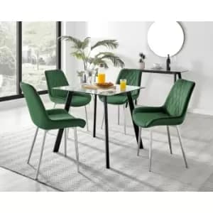 Furniturebox UK - Furniturebox Seattle Glass and Black Metal Leg Square Dining Modern Industrial Dining Table & 4 Green Pesaro Silver Leg Velvet