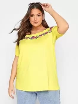 Yours Embroidered T-Shirt - Yellow, Yellow, Size 18, Women