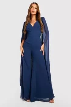 Cape Detail Plunge Wide Leg Jumpsuit