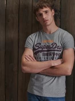 Superdry Vintage Label Tri T-Shirt - Grey Marl, Size XS, Men