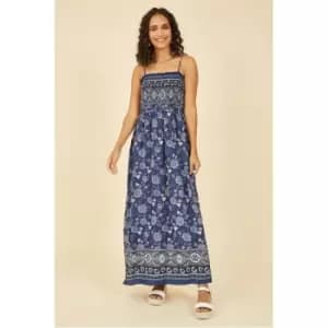 Mela London Navy Floral Print Shirred Maxi Dress - Blue