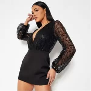 I Saw It First Sequin Wrap Front Plunge Bodysuit - Black