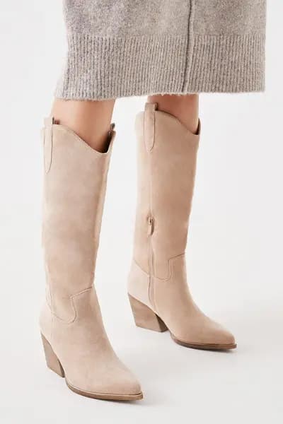 Dorothy Perkins Kacey Clean Knee High Western Boots Beige