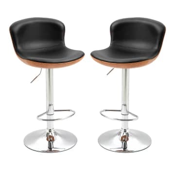 HOMCOM Set Of 2 PU Leather Rounded Tub Bar Stools Adjustable Height Swivel w/ Steel Base Footrest Stylish Modern Unique Home Cafe Seating Swivel Black