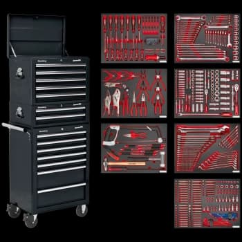 Sealey Superline Pro 14 Drawer Roller Cabinet, Mid and Top Tool Chests + 446 Piece Tool Kit Black