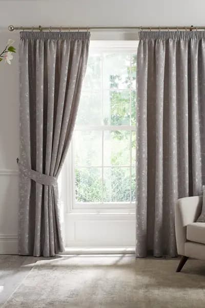 Curtina 'Bird Trail' Woven Jacquard Pair of Pencil Pleat Curtains Grey