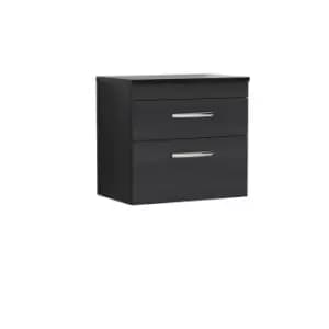 Nuie Athena 600 Wall Hung 2-drawer Vanity & Sparkling Black Worktop - Black Woodgrain