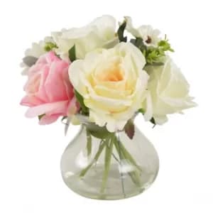 The Flower Patch Roses & Daisies Cream & Dusky Pink in Glass Vase 26cm