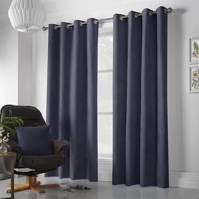 Velvet Chenille Ready Made Eyelet Curtains Navy