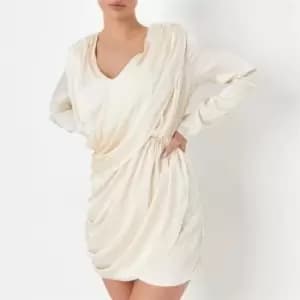 Missguided Drape Front Ruched Plunge Satin Mini Dress - Cream