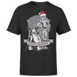 Star Wars Christmas Happy Holidays Droids Black T-Shirt - L - Black
