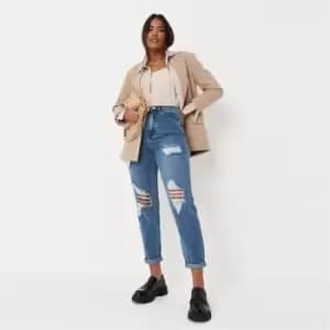 Missguided Roll Hem Knee Rip Mom Jean Mid Wash - Blue