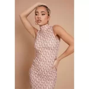 I Saw It First Nude Isaw Monogram Mesh Ruched Midi Skirt - Brown