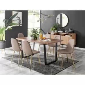 Kylo Brown Wood Effect Dining Table & 6 Cappuccino Corona Faux Leather Dining Chairs with Gold Legs Diamond Stitch - Cappuccino