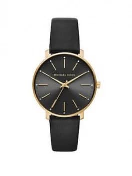 Michael Kors MRCJN Pyper Gold Tone Black Leather Strap Ladies Watch, One Colour, Women