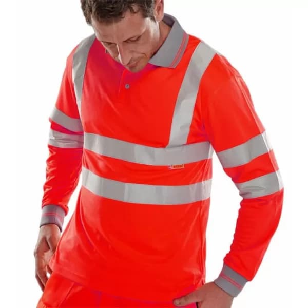 B SEEN High Visibility Polo Shirt, Long Sleeved, Red, Small