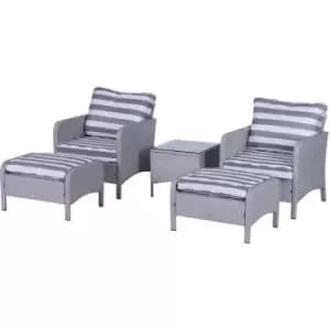 Outsunny - 5 Pcs PE Rattan Garden Furniture Set, 2 Armchairs 2 Stools Glass Top Table Cushions Wicker Weave Chairs Outdoor Seating - Grey