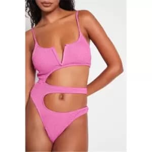 I Saw It First Pink Crinkle Rib Cut Out V Bar Swimsuit - Pink