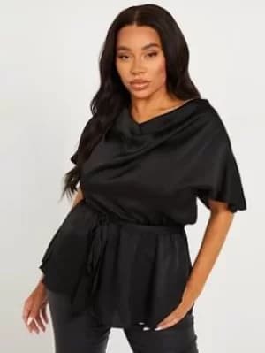 Quiz Curve Curve Satin Cowl Neck Peplum Top, Black, Size 18, Women