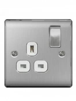 British General Brushed Steel 13A 1G Double Switched Socket White Surround