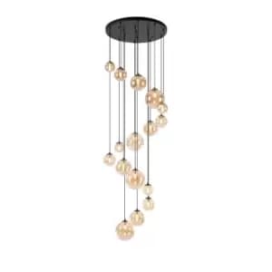 Marshall Ceiling Pendant, 16 Light G9, Satin Black, Amber Plated Glass