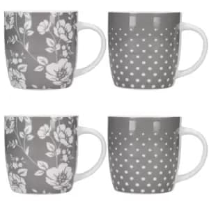 Set of 4 Grey Floral / Polka Dot Mug Set