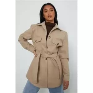 I Saw It First Stone Petite Belted Button Detail Shacket - Brown
