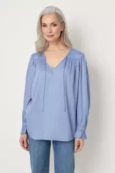 Blue Plain Tie Neck Blouse
