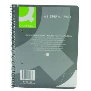 Q-Connect Ruled Margin Spiral Soft Cover Notebook 160 Pages A5 Pack of