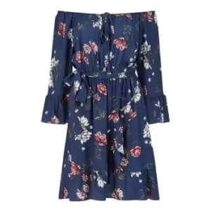 Mela Navy Floral Bardot Frill Skater Dress - Blue