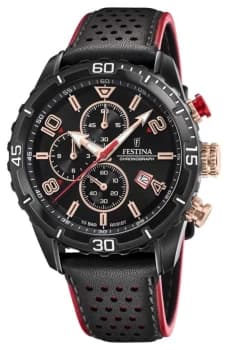 Festina Mens Chronograph Black Leather Strap Black Dial Watch