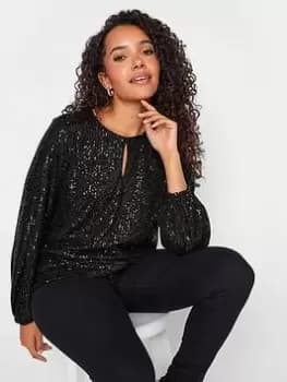 M&Co Sequin Keyhole Bellow Sleeve Top - Black, Size 10, Women