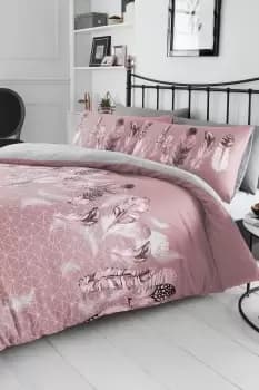 Feathers Reversible Duvet Set - Size: Double - Pink - Print