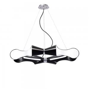 Ceiling Pendant 8 Flat Round Light E27, Gloss Black, White Acrylic, Polished Chrome