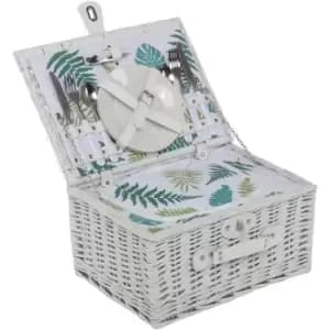 2 Person Wicker Picnic Basket White Leaf Print Hamper Plates - White - Charles Bentley