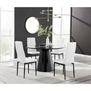 Furniture Box Palma Black Semi Gloss Round Dining Table and 4 White Milan Black Leg Chairs