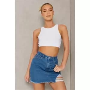 I Saw It First Mid Wash Distressed Hem Denim Skirt - Blue