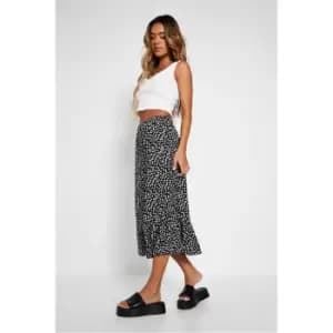 I Saw It First Black & White Polka Dot Dipped Frilled Hem Midi Skirt - Black