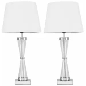 Minisun - 2 x Chrome Hourglass Table Lamps with a Tapered Shades - White - No Bulb