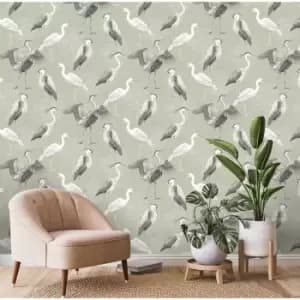 Rasch - Design Library Sage Green Stork Heron Natural Birds Nature Wallpaper